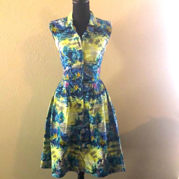 Blue A-Line Midi Dress with Notched Collar - Picture 1 of 3